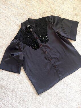 Vintage- Nona Black Satin Beaded Lace High Neck Statement Blouse Size Med